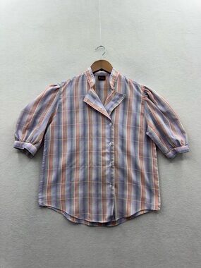 Sasha Women’s Medium Plaid Print Puffed Short Sleeve Button Up Blouse 1980s